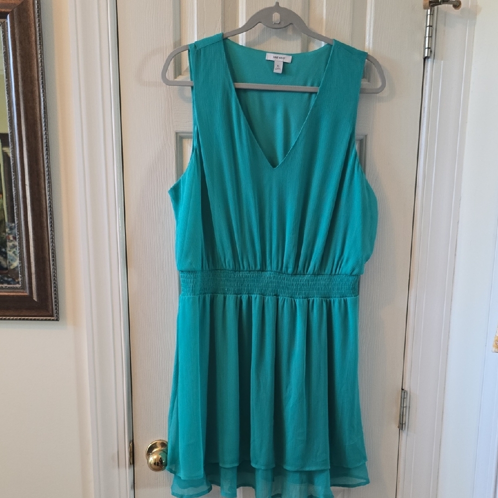 NINE WEST BRAND WOMEN'S GREEN SLEEVELESS SMOCKING WAISTBAND  MINI DRESS SIZE XL